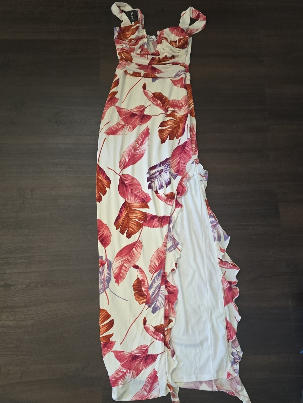 Fashion Nova White Maxi Dress with Pink and Orange Leaf Print